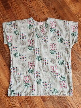 Cherokee Patterned Scrub Top in Light Green with Pink & Green Accents